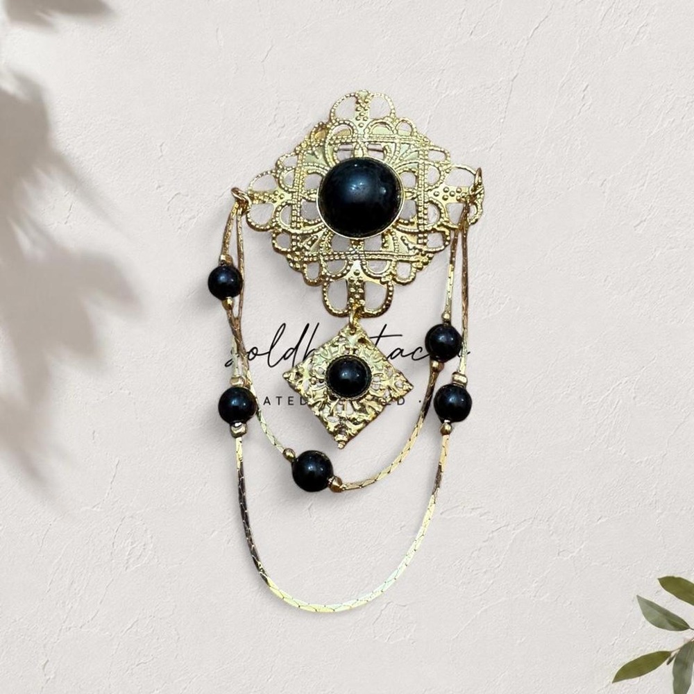 Gold Filigree Brooch Black Beaded Ornate Gothic Victorian Dangle Pin